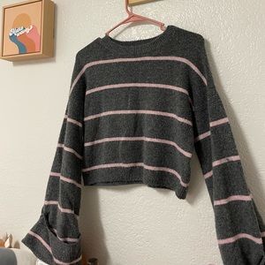 Grey and Pink Fuzzy Long Sleeve Crop Too